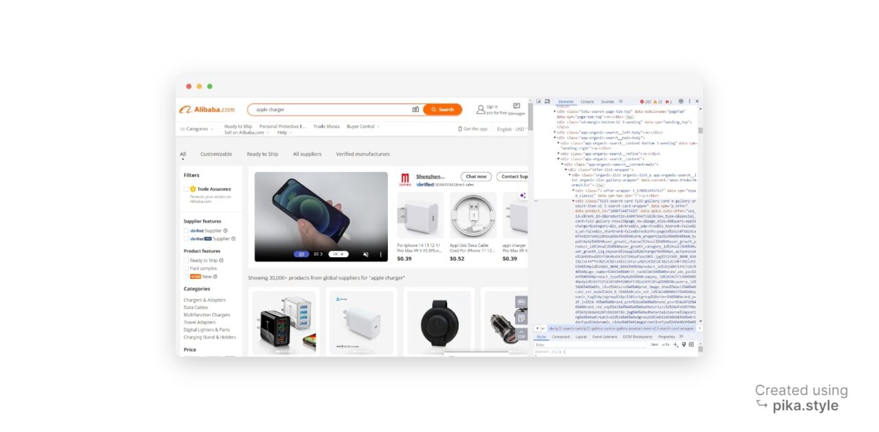 Inspecting Alibaba homepage