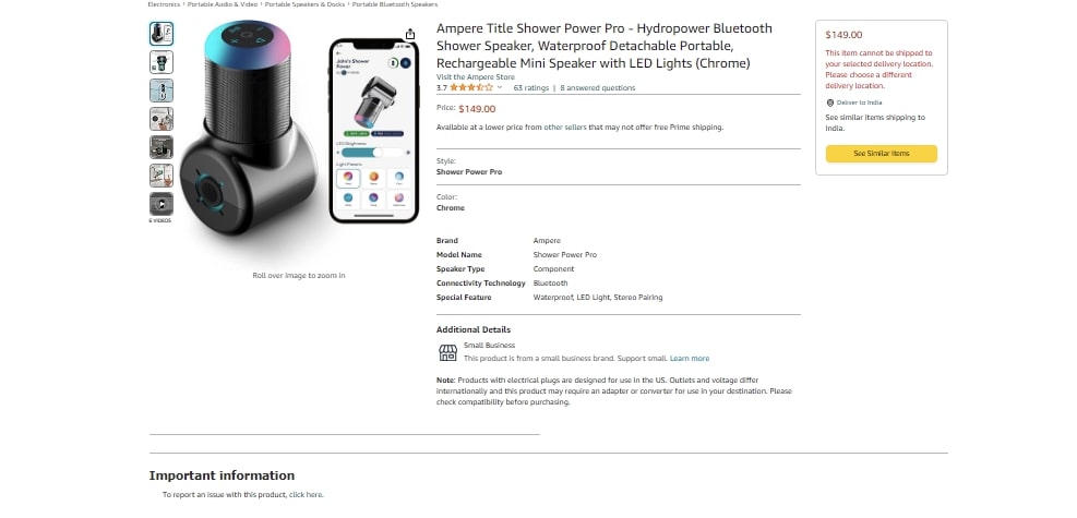 Amazon shower speaker product page