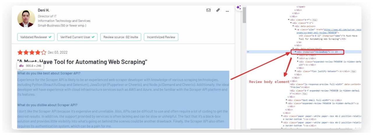 Extracting the product review body with CSS selector
