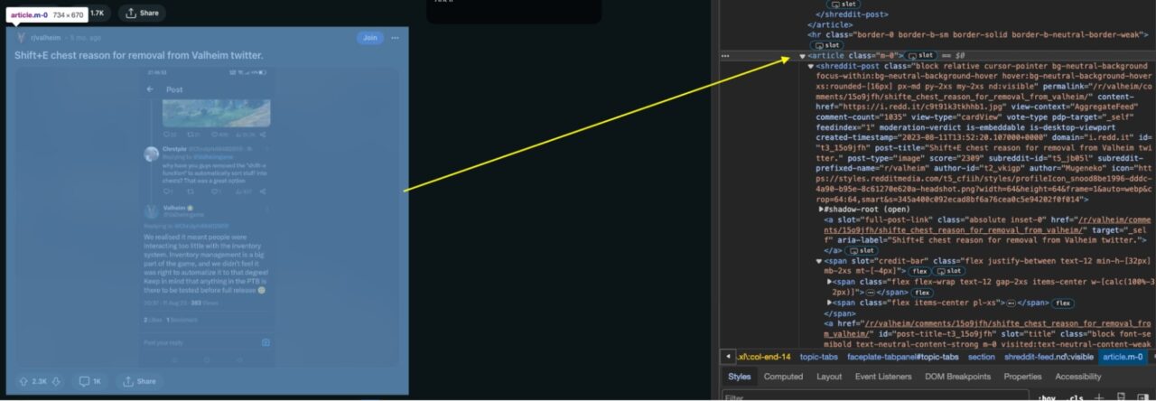 Fetching Reddit post inspecting elements