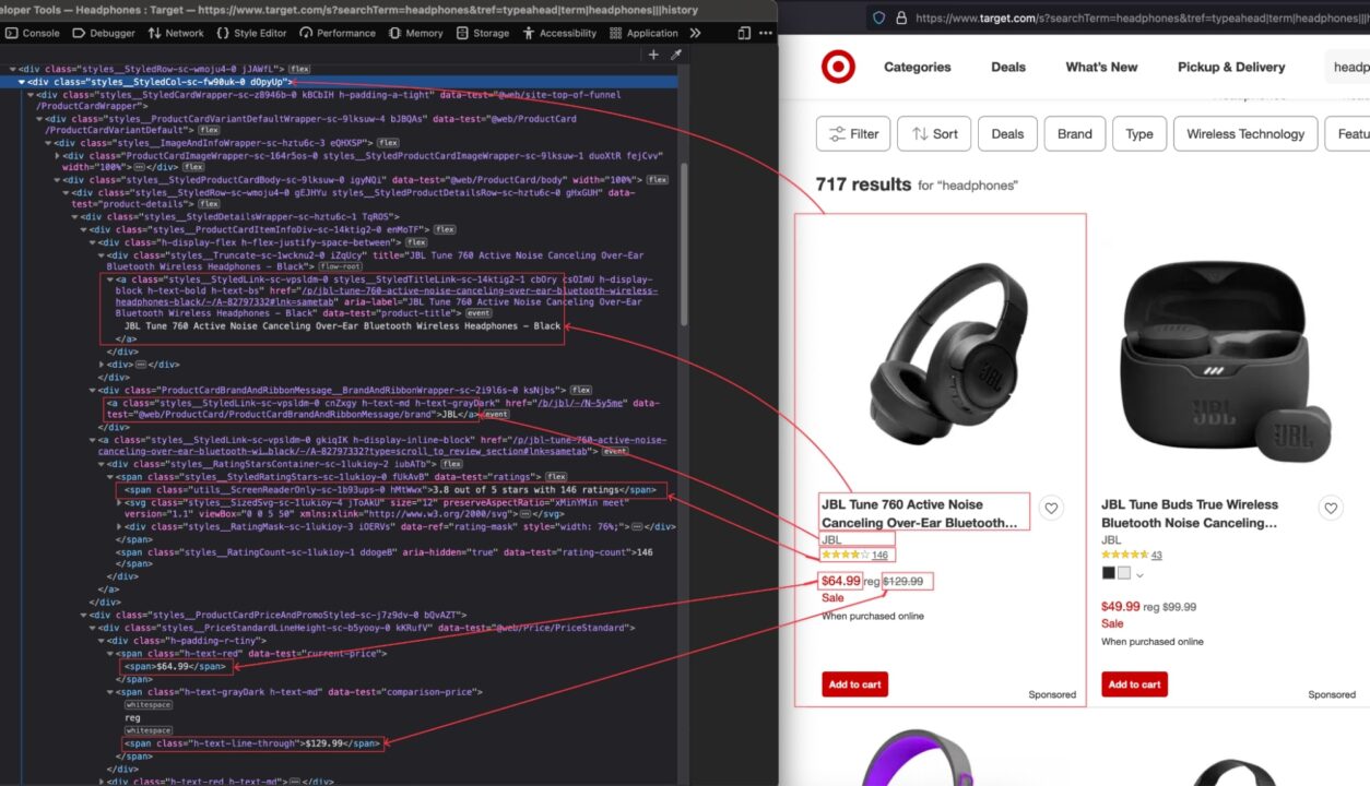 Showing Target's DOM selections with headphone's product example