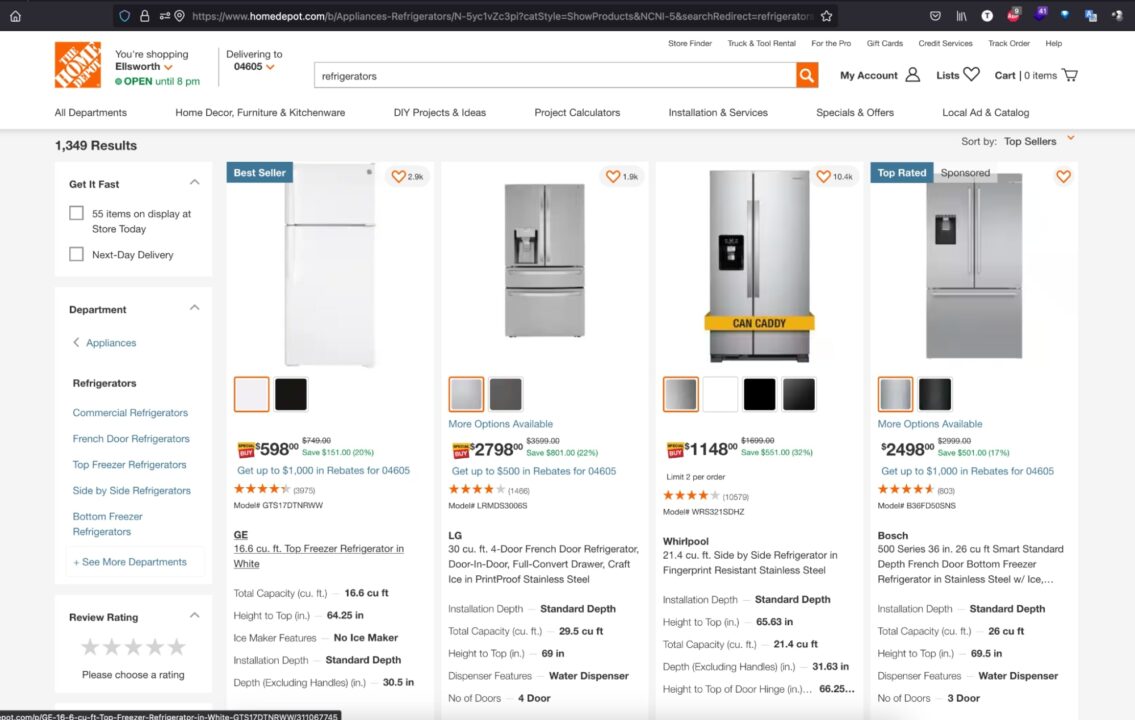 Refrigerators search page from Home depot