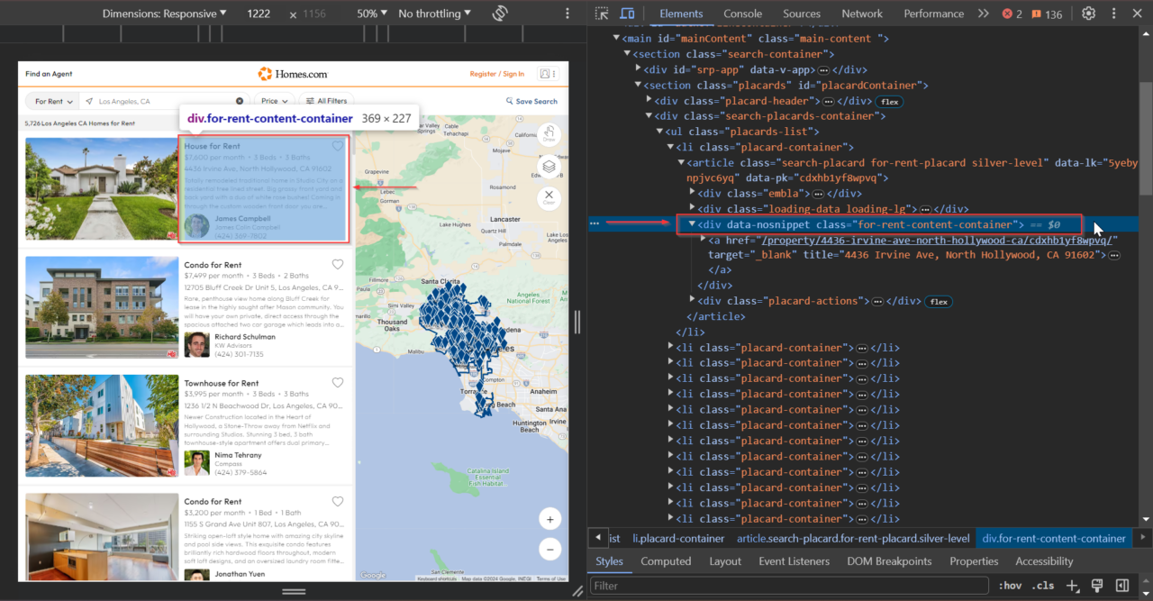 Extracting the div tag for rent content container from Homes.com