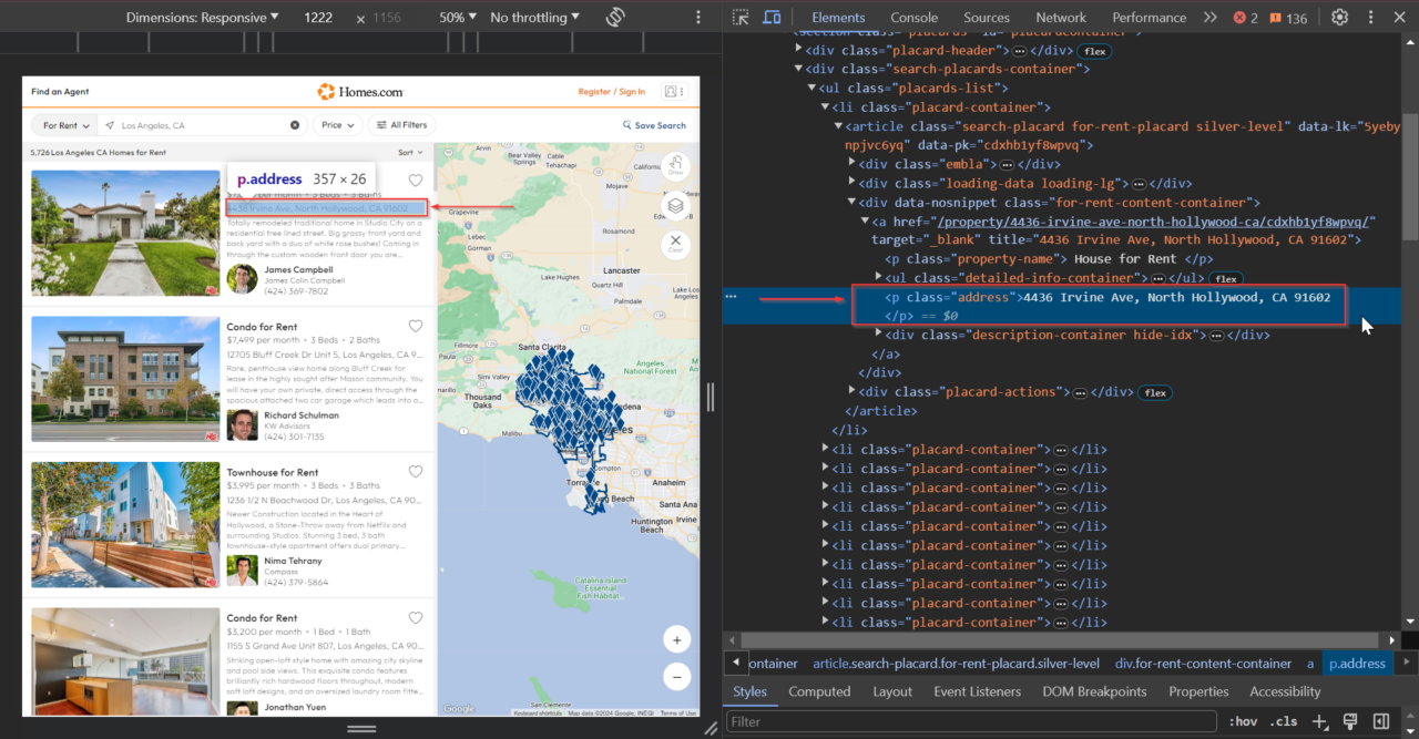 Extracting the div tag property address from Homes.com