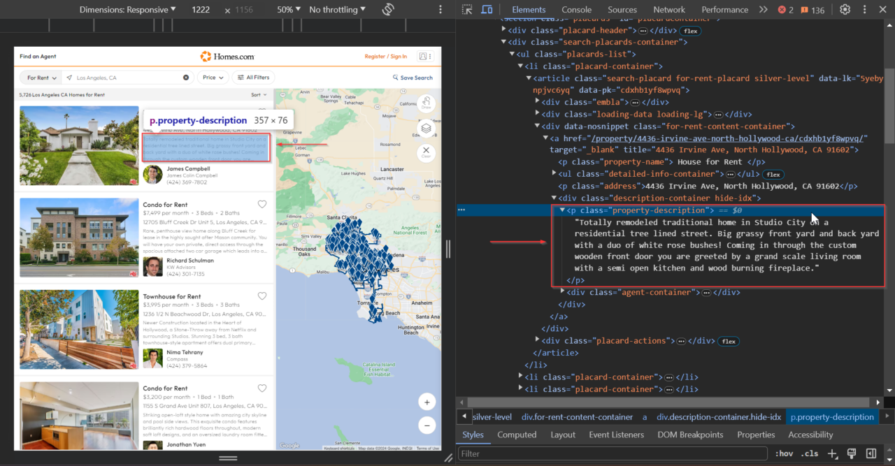 Extracting the div tag property description from Homes.com