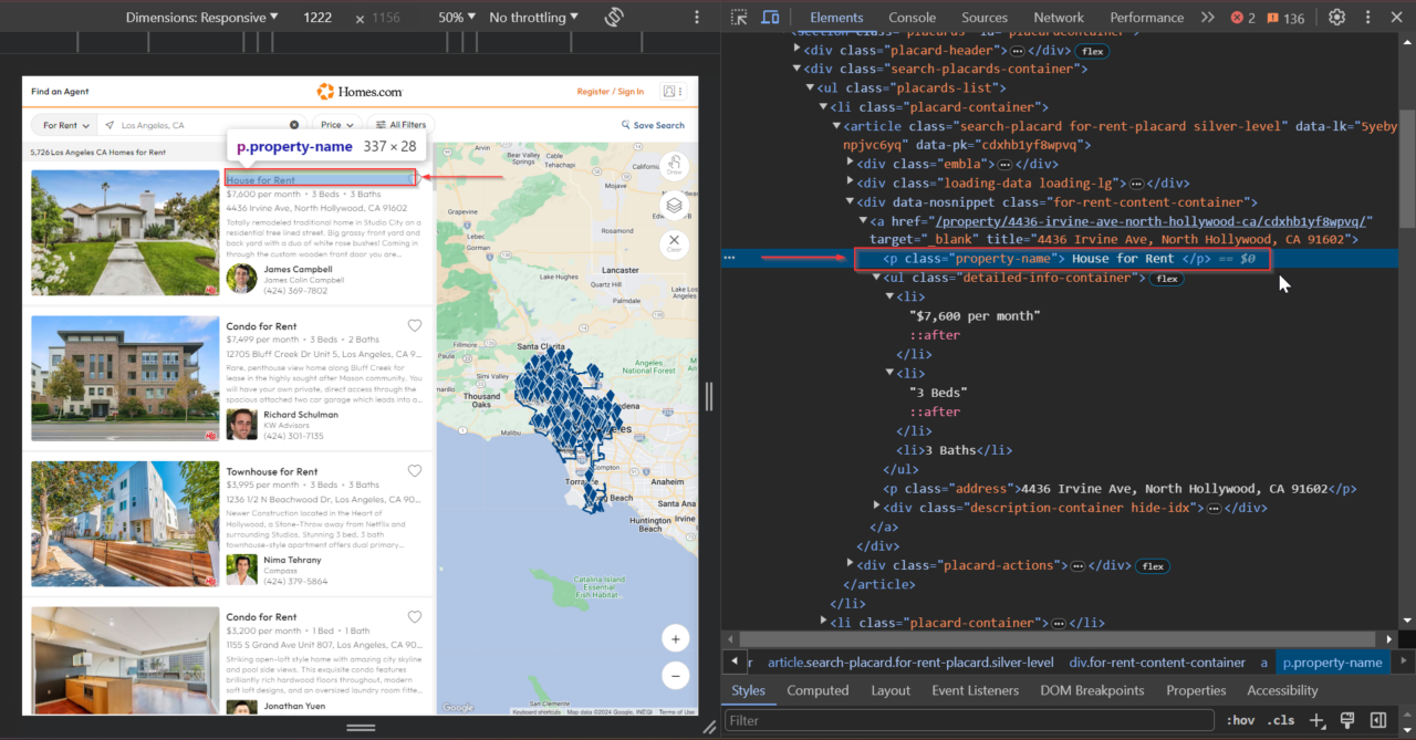 Extracting the div tag property name from Homes.com