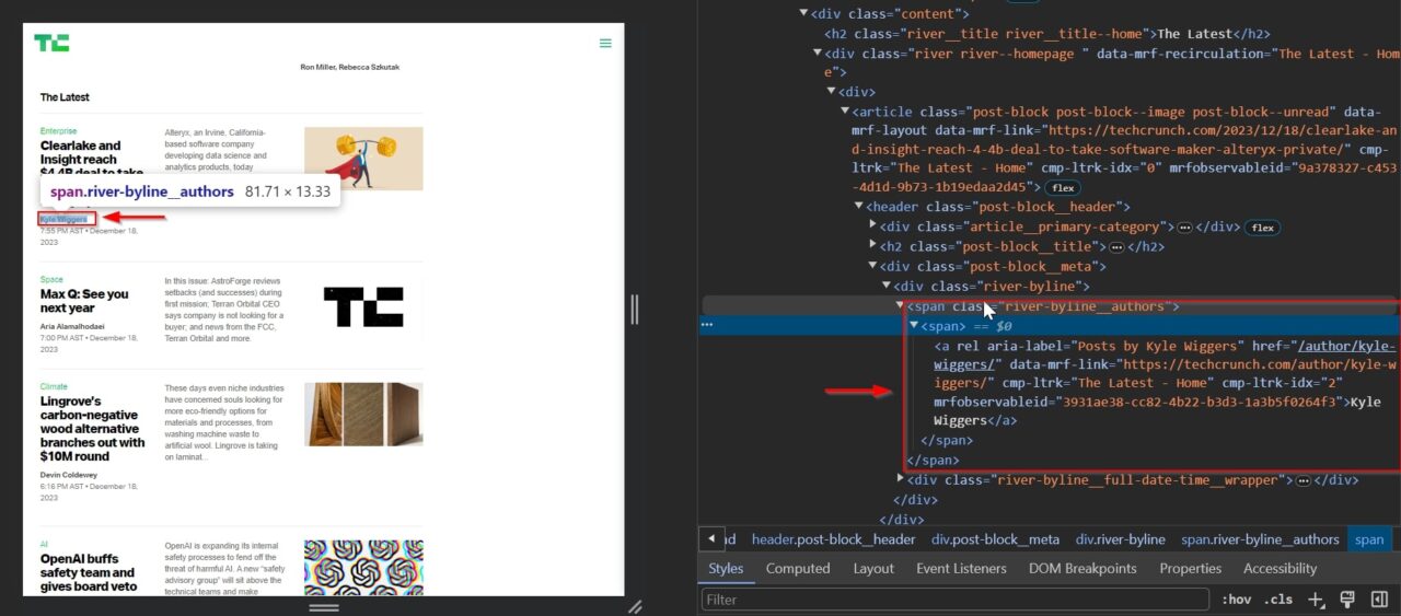 Showing the span tag containing TechCrunch Articles's Author in HTML