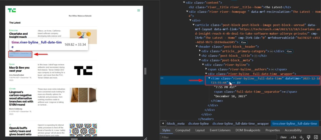 TechCrunch's article time tag containing the date on HTML developer tools