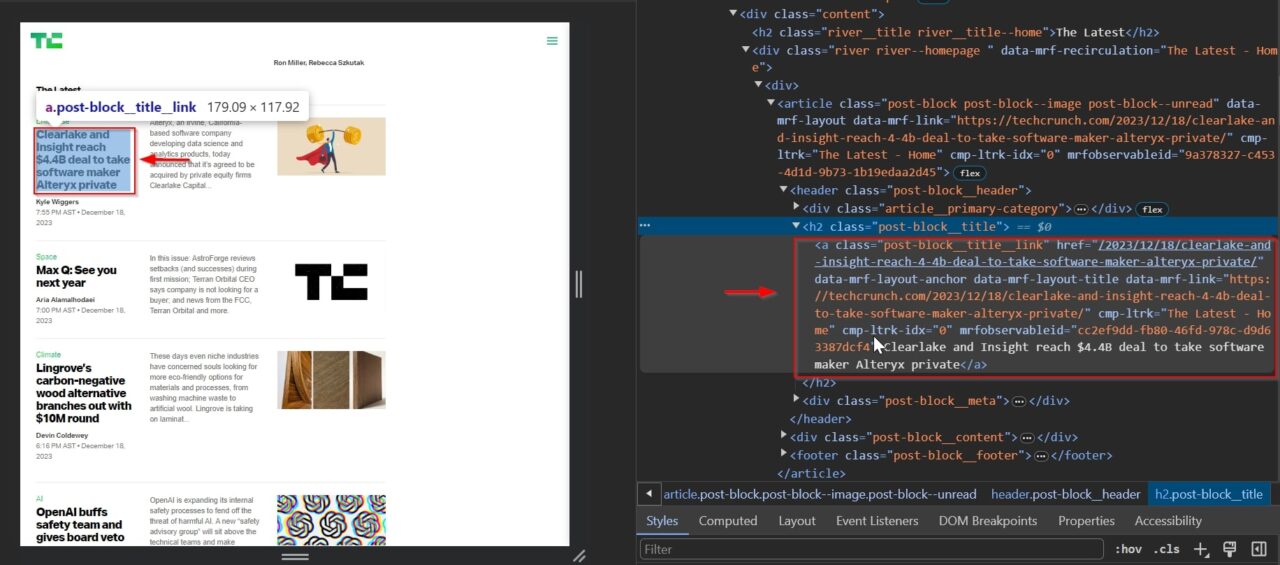 Pointing out TechCrunch's article title with developer tools in HTML