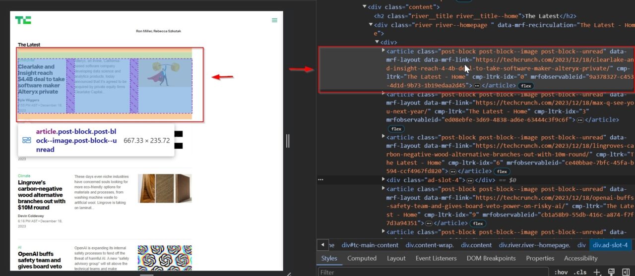 HTML article tag examination on TechCrunch's article