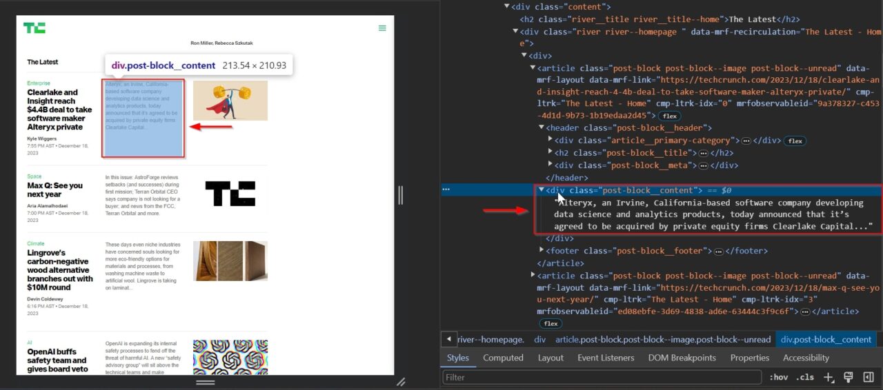 TechCrunch div tag containing content summary