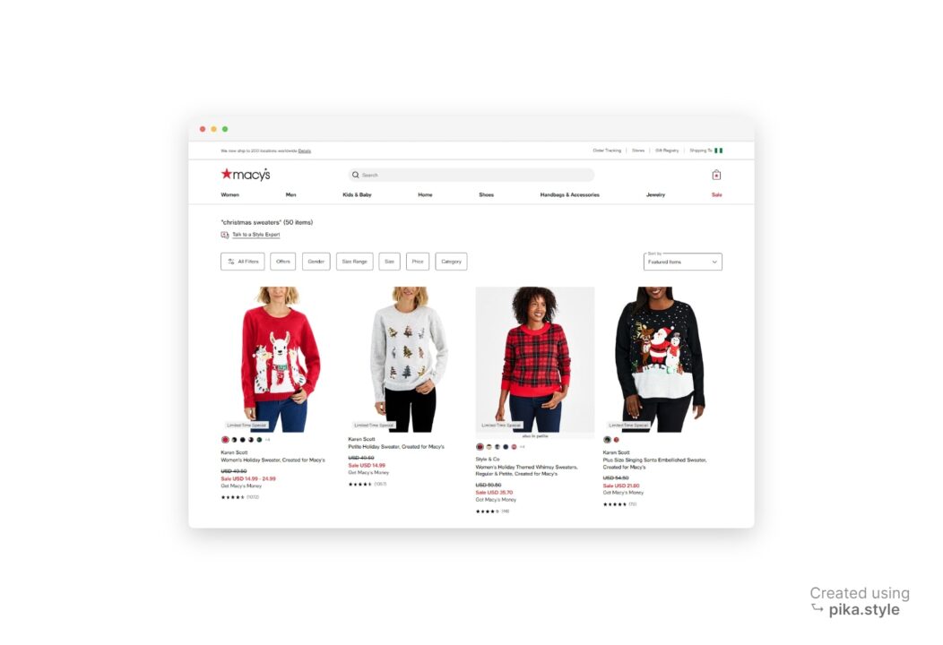 Macy's Christmas sweaters product page  