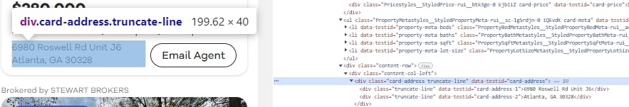 Showing div card address inspection line on Realtor.com