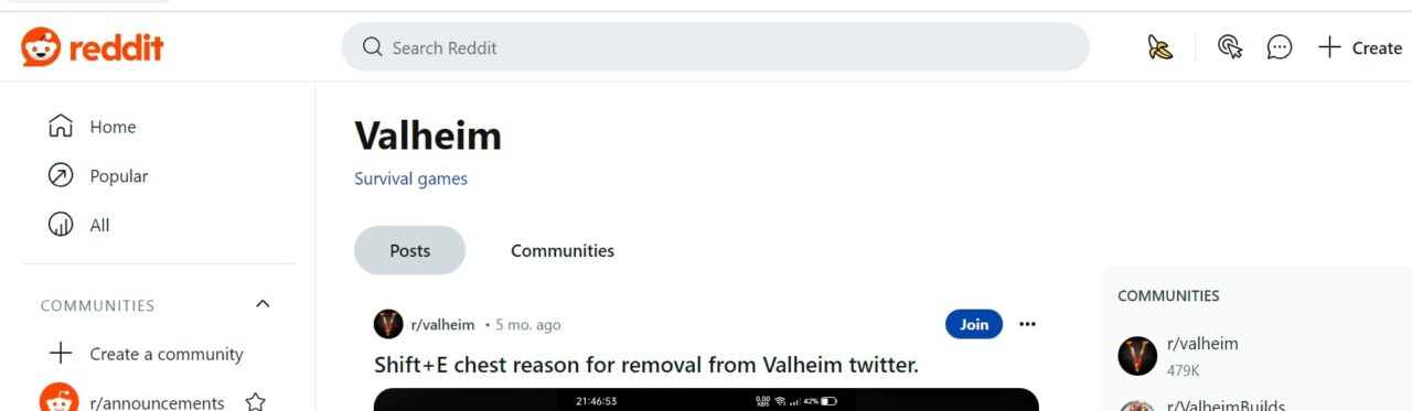 Valheim subreddit page on Reddit 