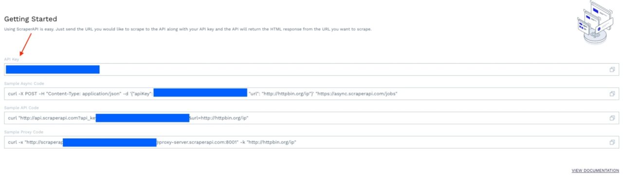 Copying URL along with API key to scrape in ScraperAPI page