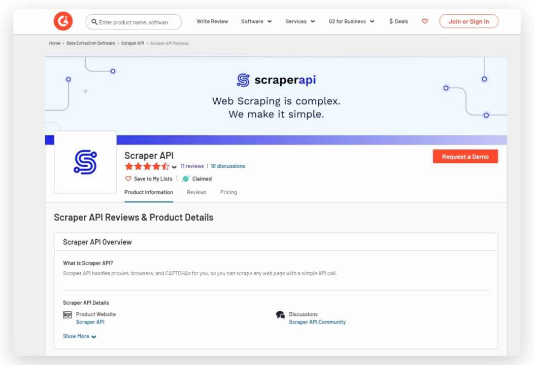Searching ScraperAPI on G2 Website