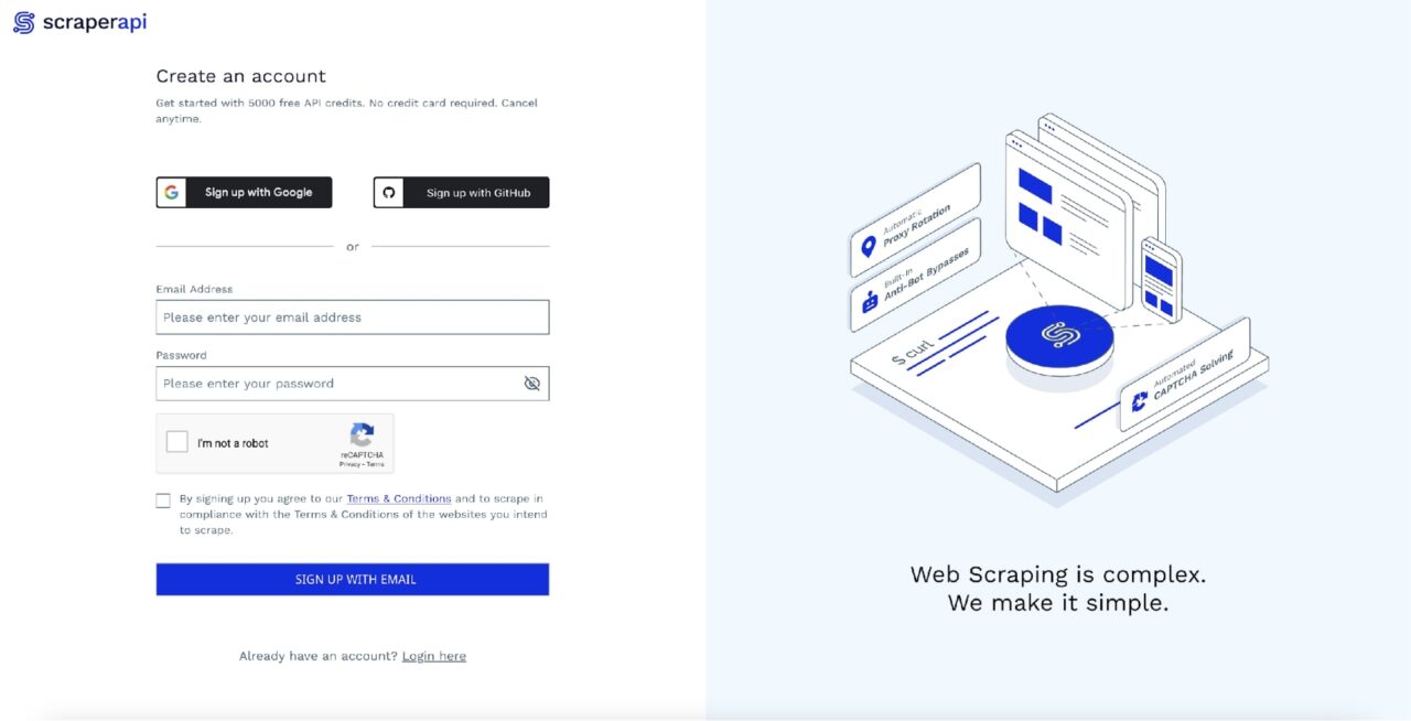 ScraperAPI sign up page 