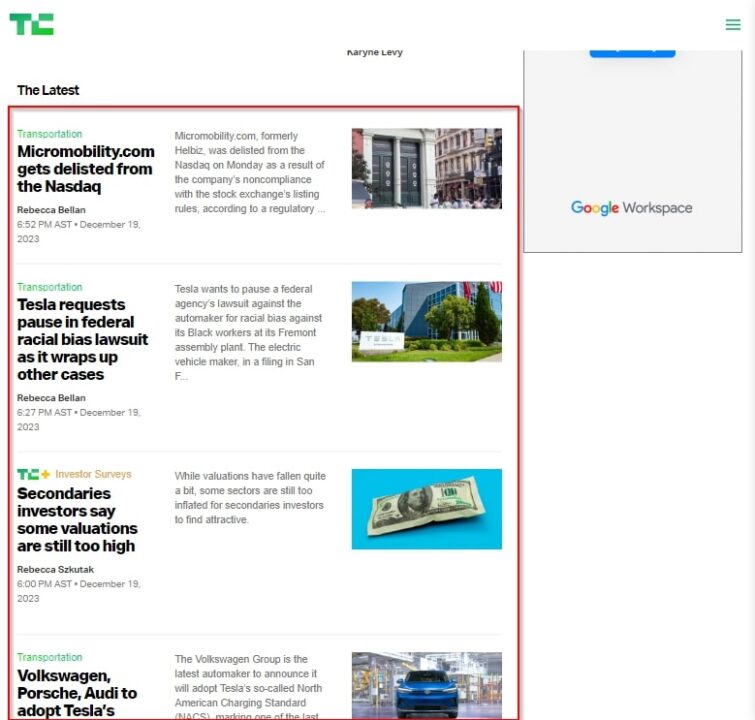 Latest articles on TechCrunch website layout