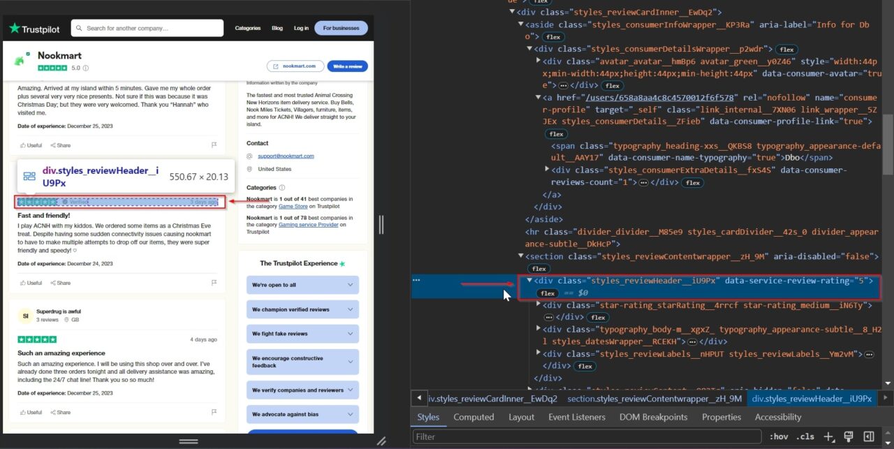 Trustpilot div tag containing  raitings