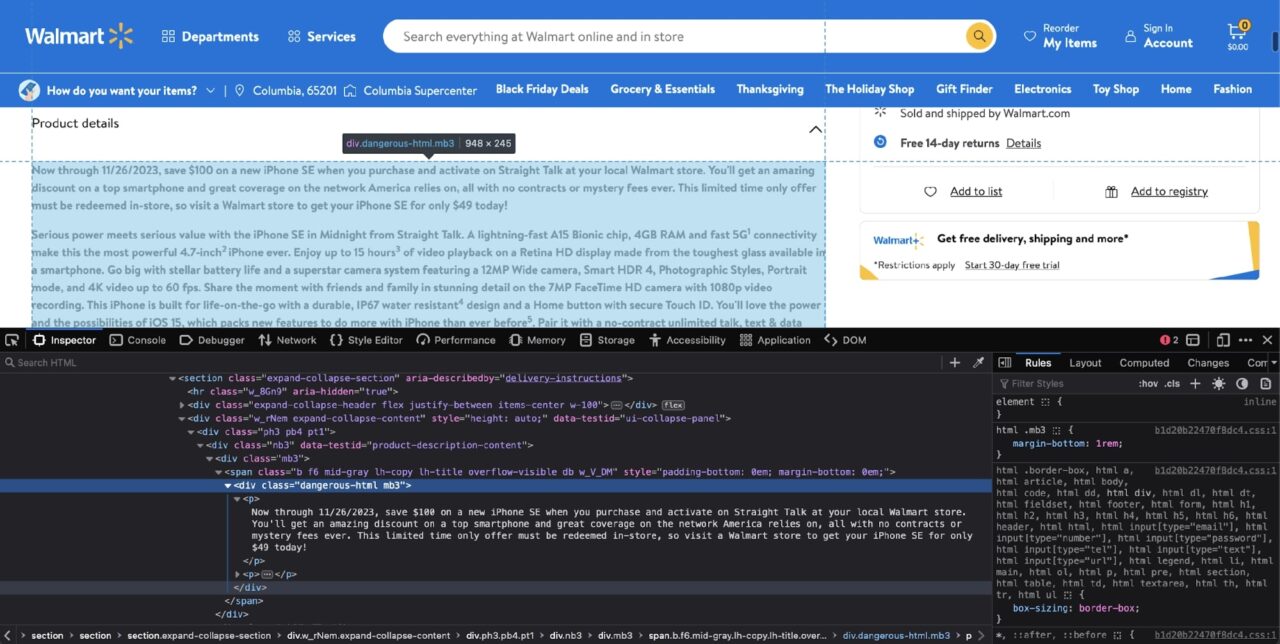 Extracting the product description from Walmart product page