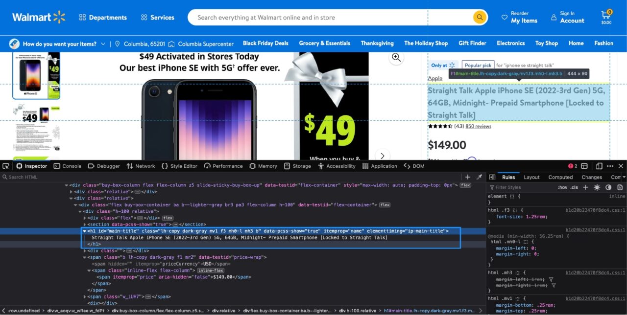 Showing div product name from Walmart product page