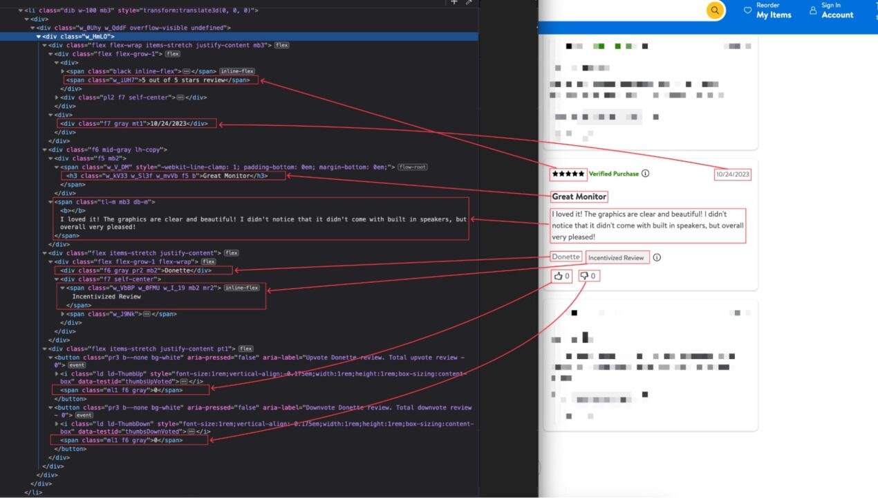 CSS seletors targeting Walmart product review elements