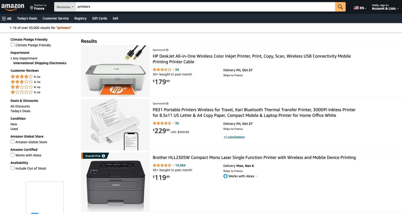 List of printers on Amazon