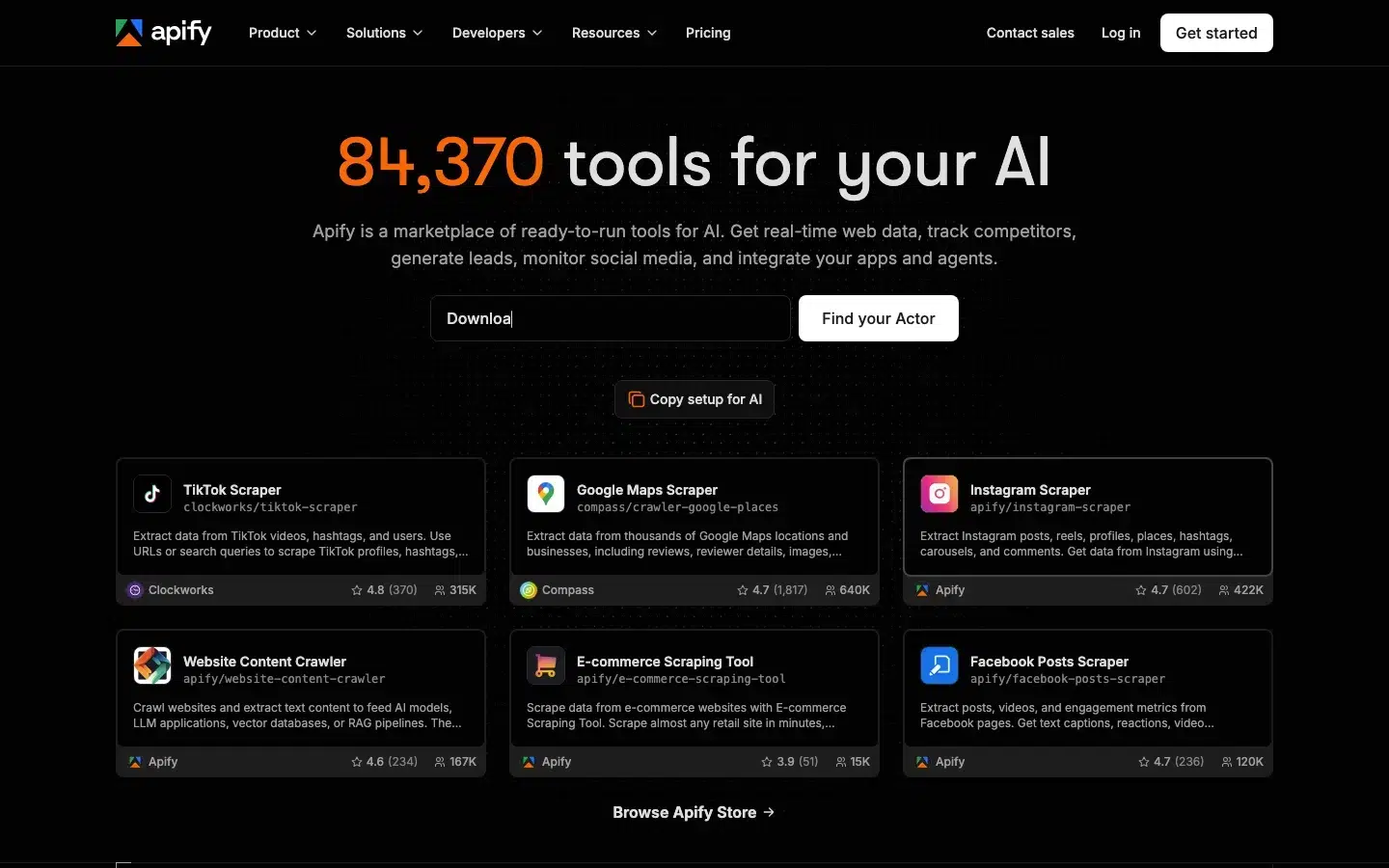 Apify homepage, Source: apify.com