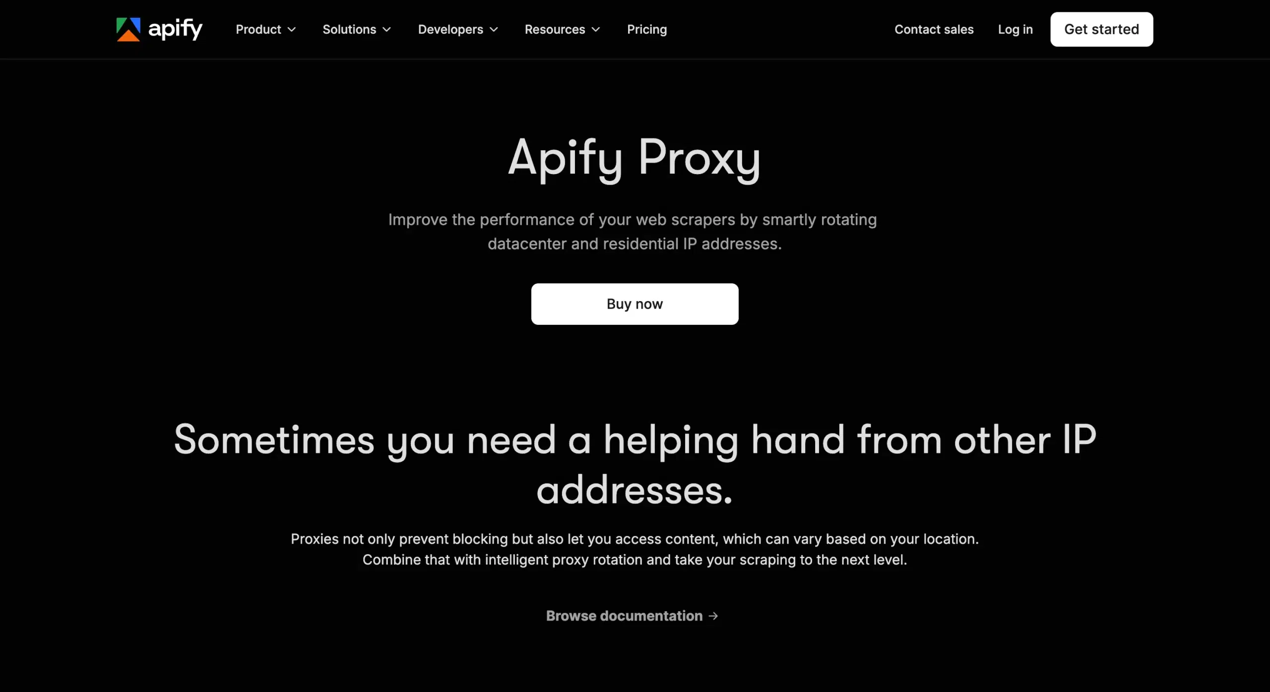 Apify Proxy page promoting datacenter and residential IP rotation for web scrapers