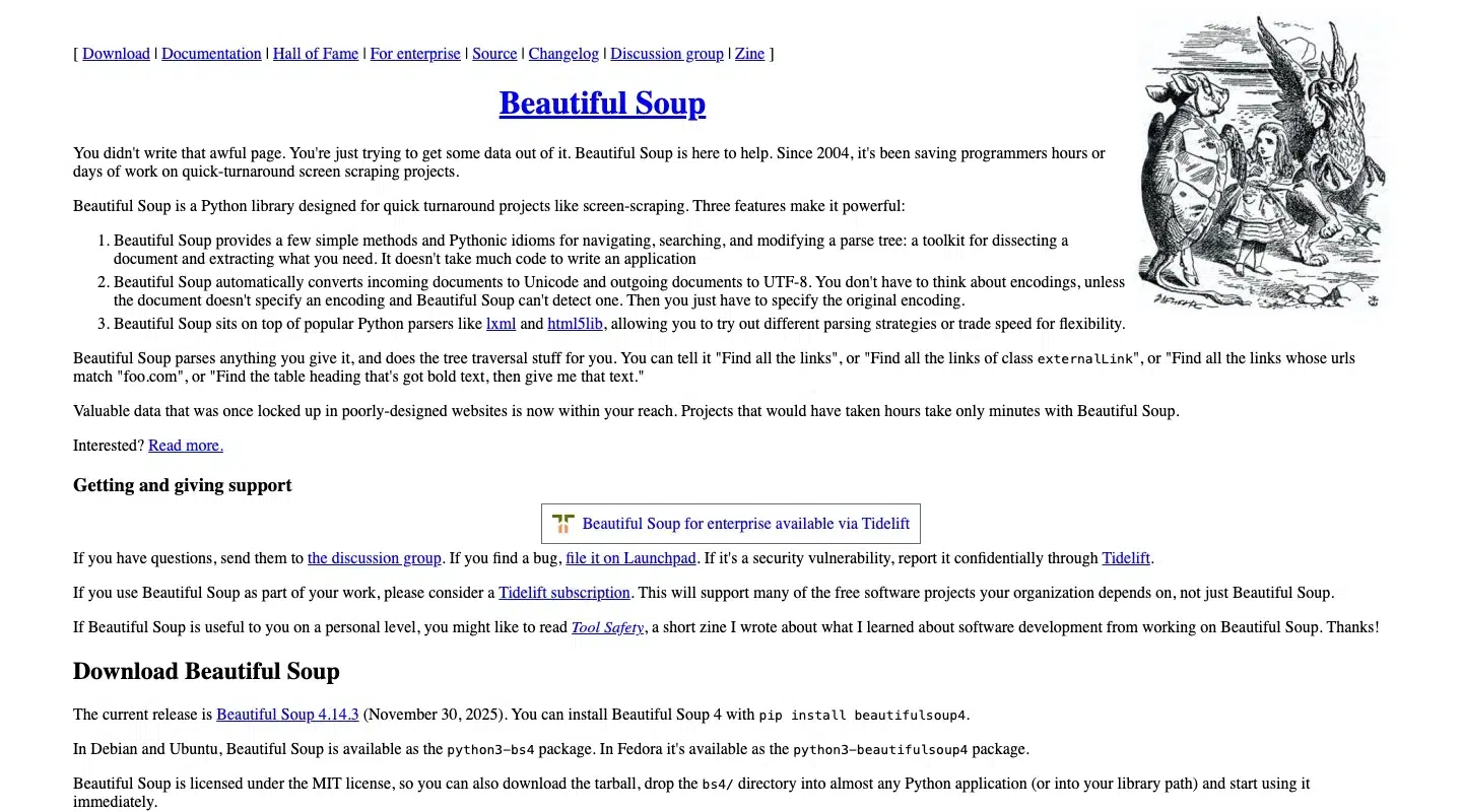 Beautiful Soup homepage, Source: crummy.com