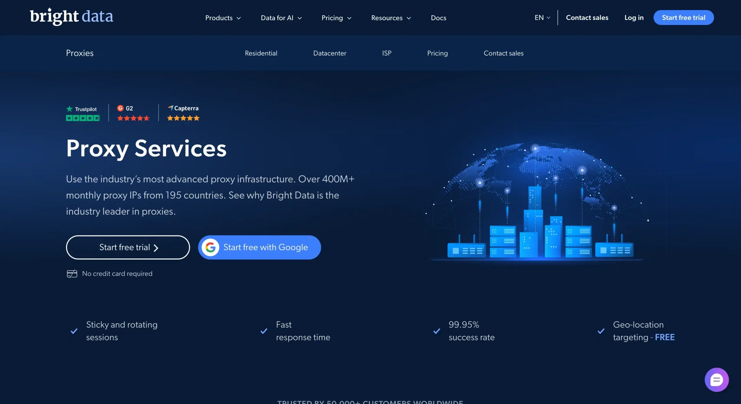 Bright Data Proxy Services page offering 400M+ proxy IPs from 195 countries with a free trial