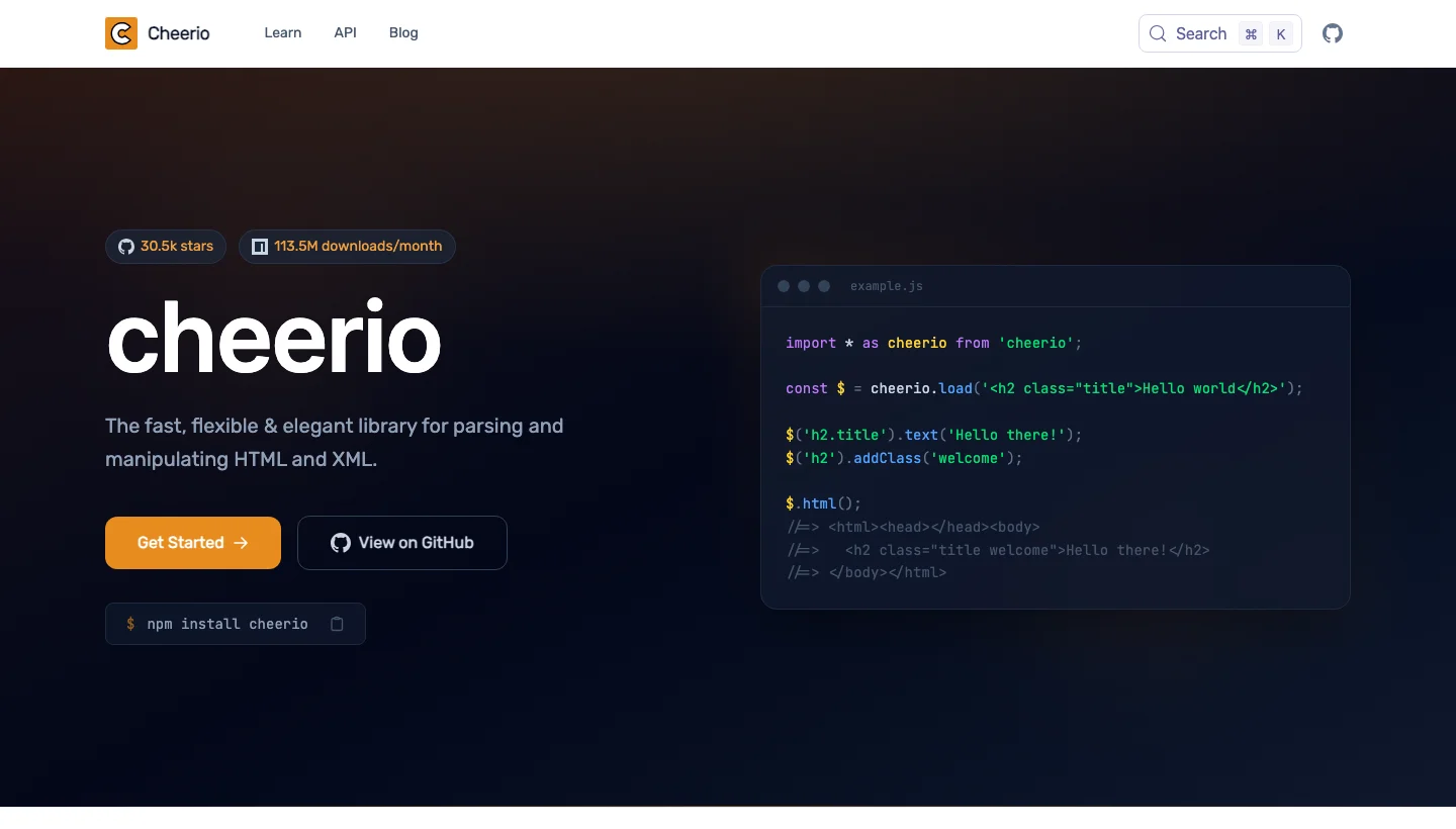 Cheerio homepage, Source: cheerio.js.org