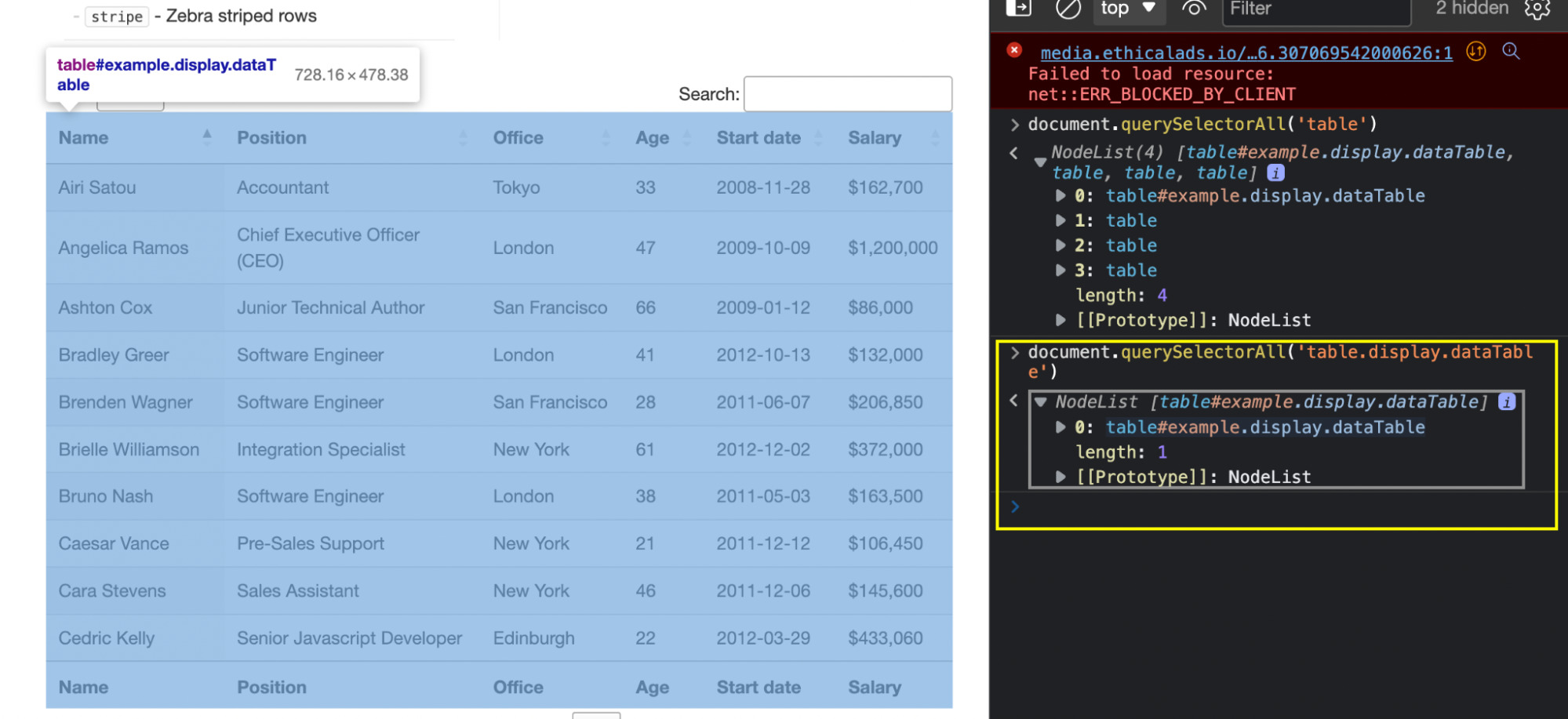 HTML Web Table