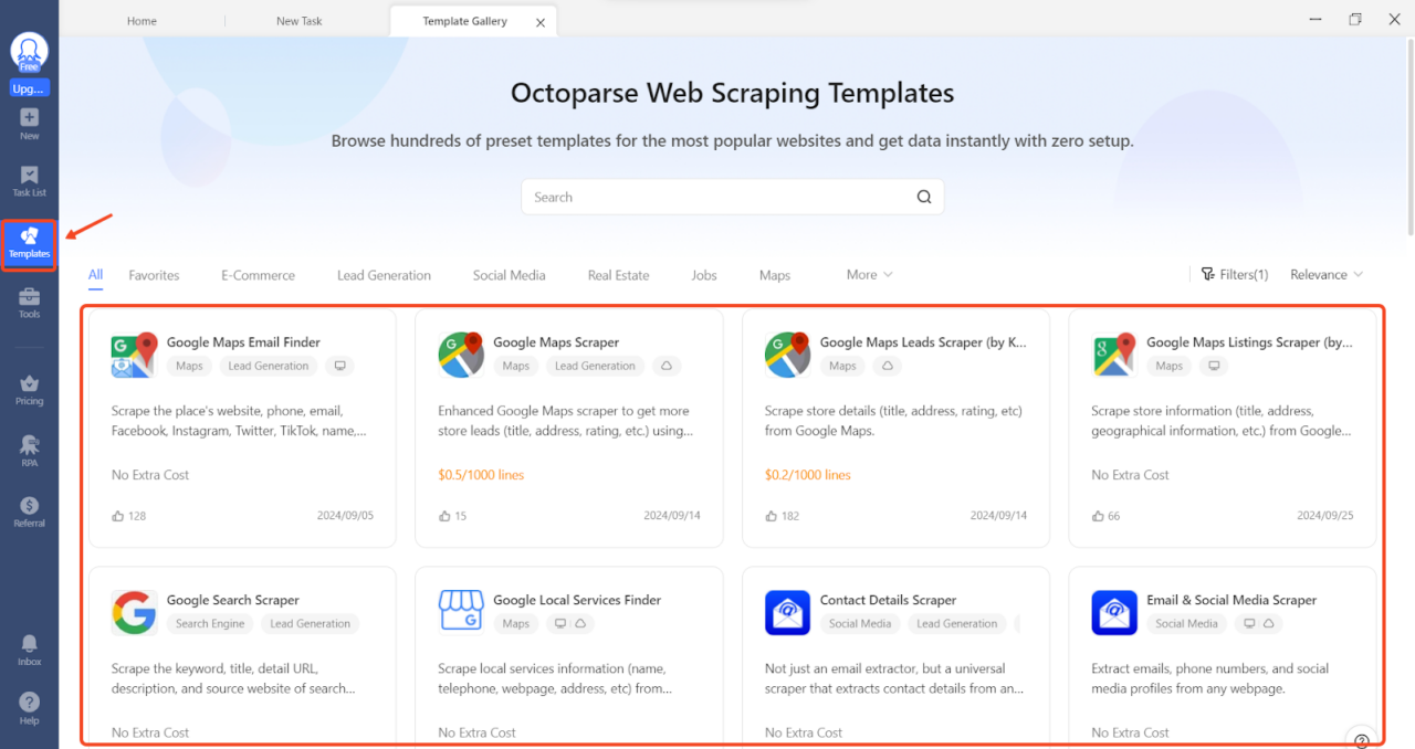 Click templates tab in Octoparse