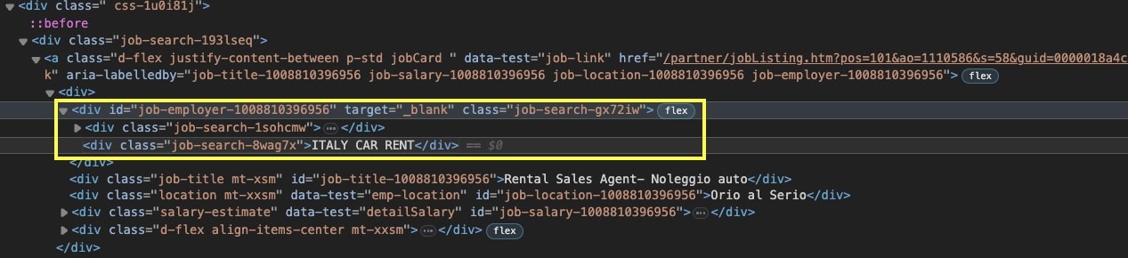 Company name's position within the HTML document