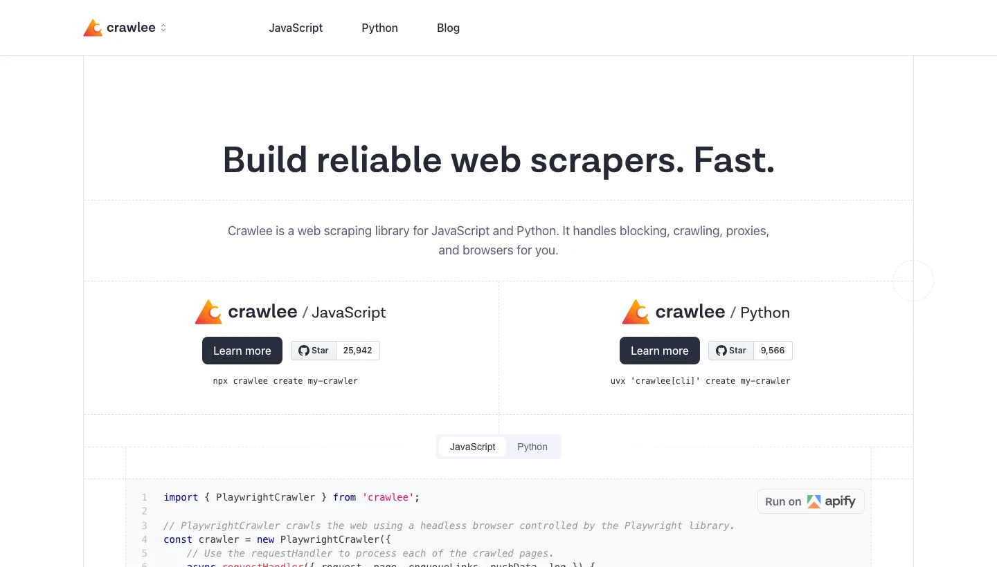 Crawlee homepage, Source: crawlee.dev