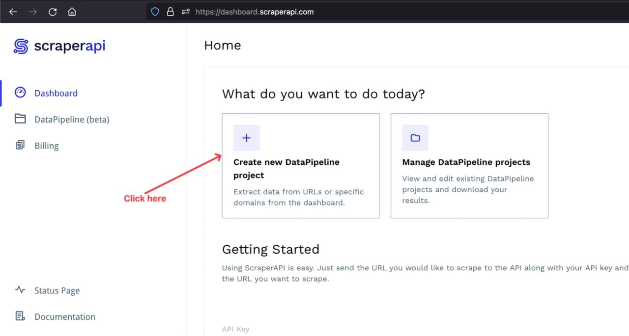 Arrow pointing to the button for creating a new DataPipeline project