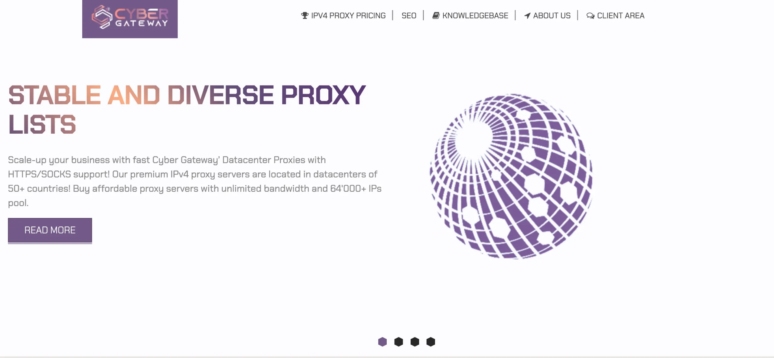 Cyber Gateway homepage promoting its paid datacenter proxies with HTTPS and SOCKS support in 50+ countries