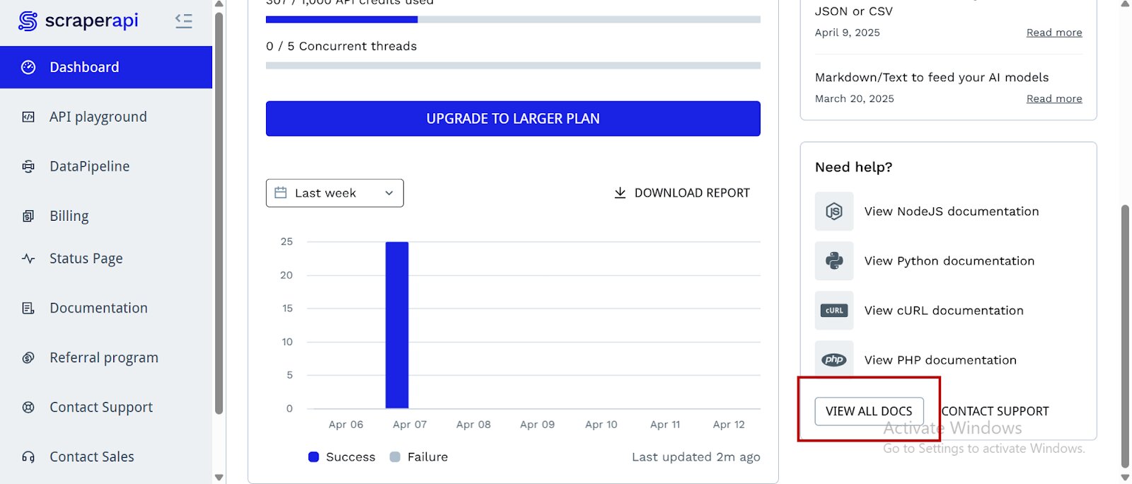 View All Docs button to find resources in ScraperAPI dashboard