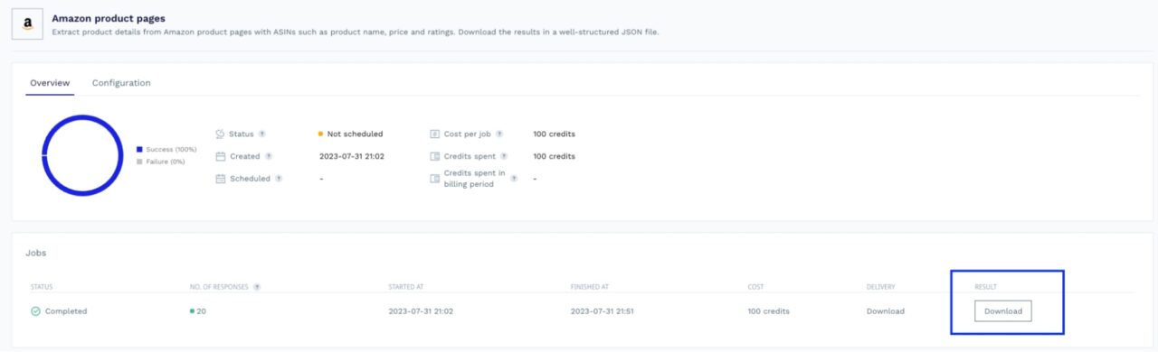 DataPipeline's project dashboard and download button