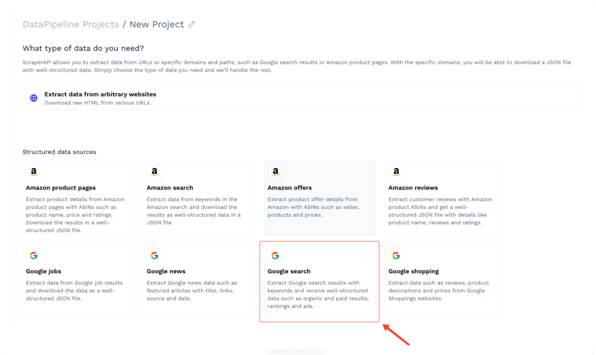 Creating a Google search project in DataPipeline