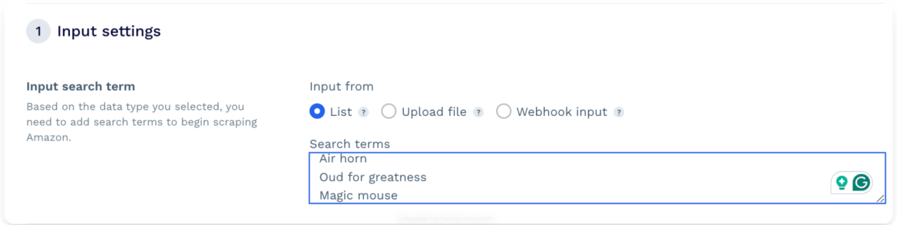 Search queries Datapipeline input settings