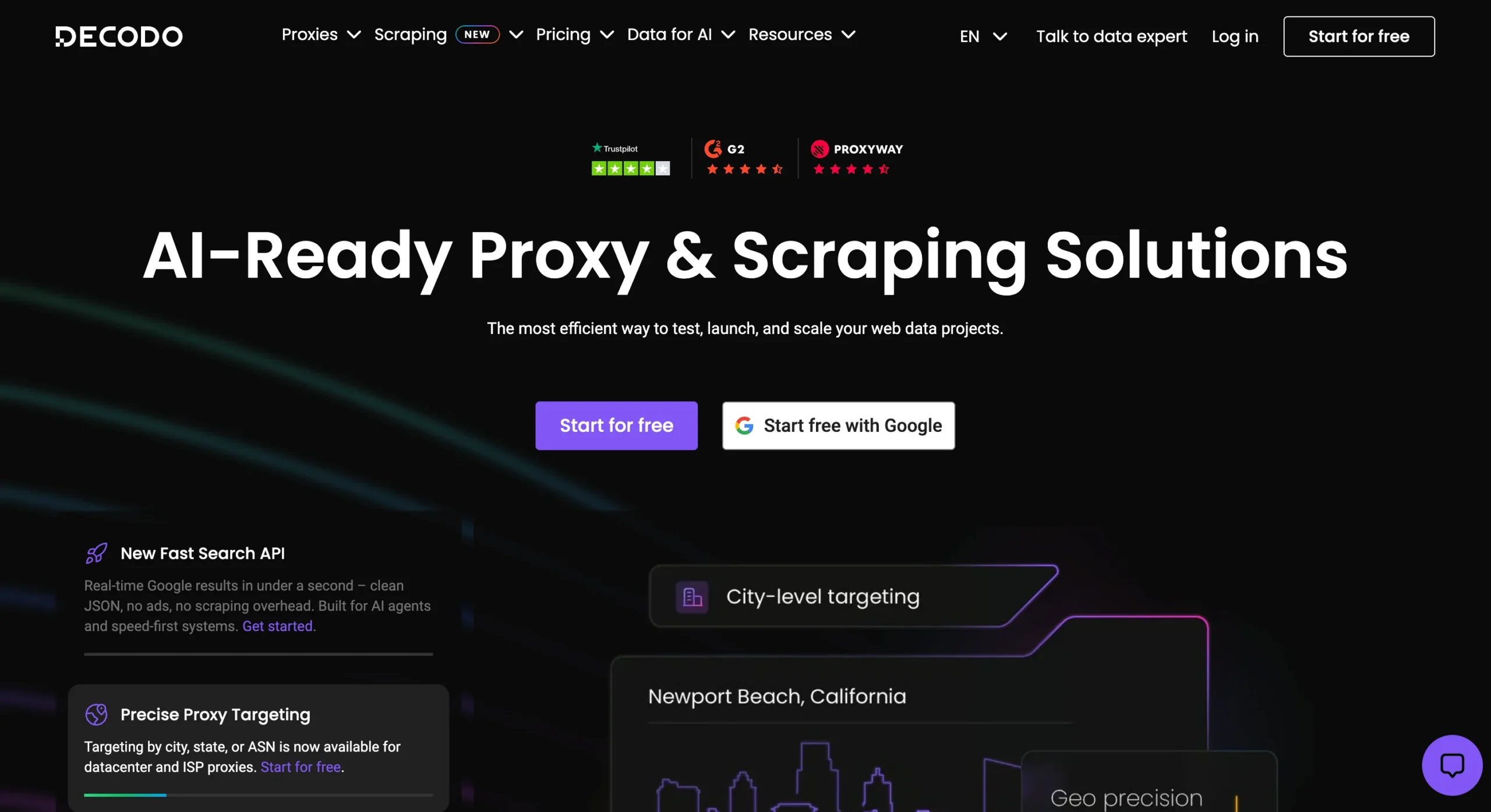 Decodo homepage promoting AI-ready proxy and scraping solutions with city-level targeting