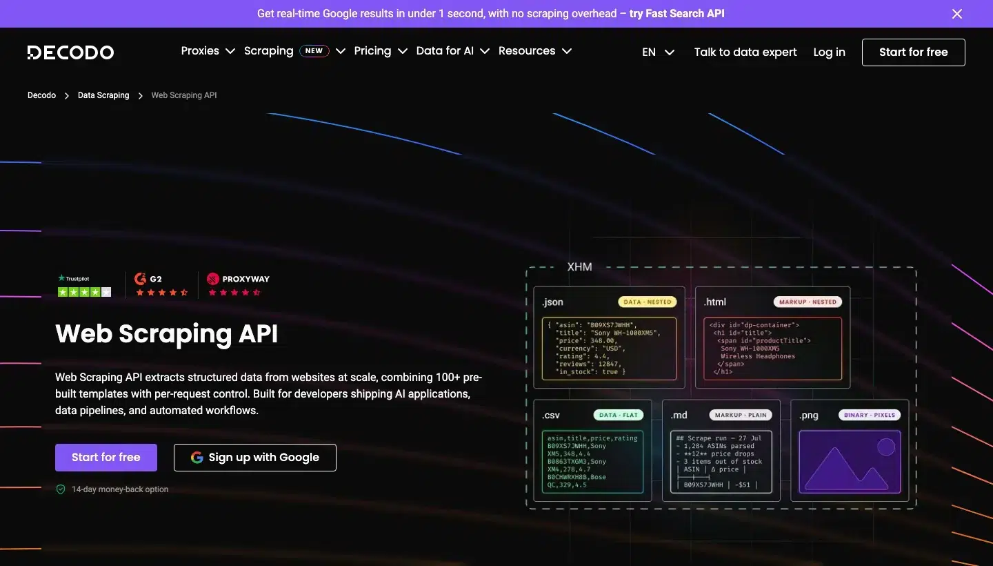 Decodo Web Scraping API homepage, Source: decodo.com