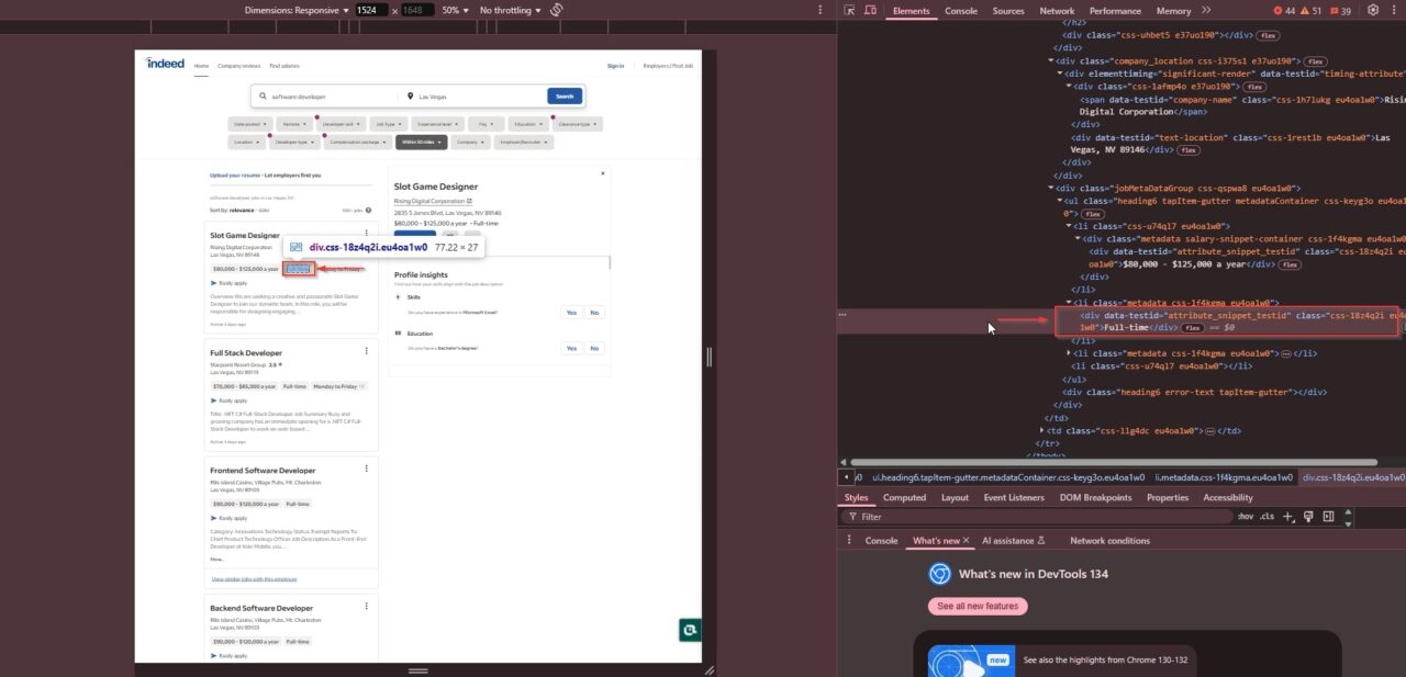 Indeed job search with developer roles and Chrome DevTools open