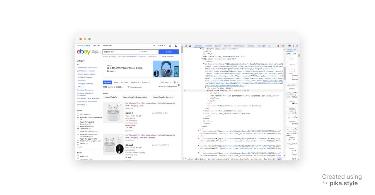 DevTools opened on an eBay search page