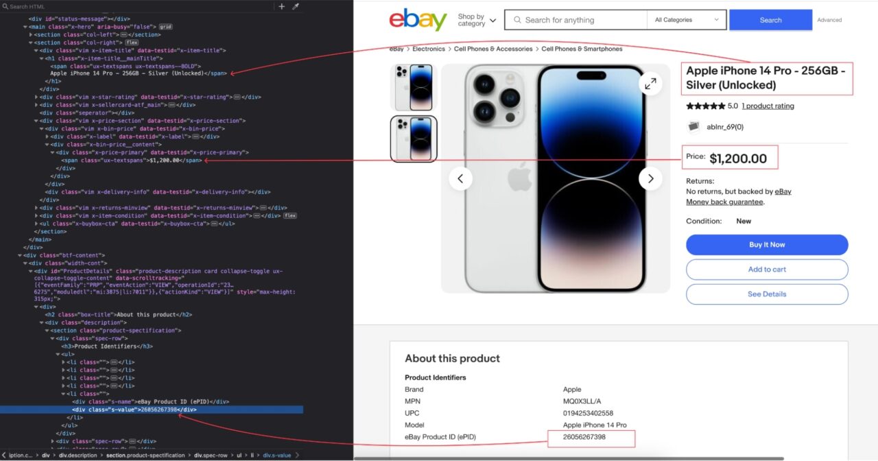 eBay DOM selectors highlighted in red