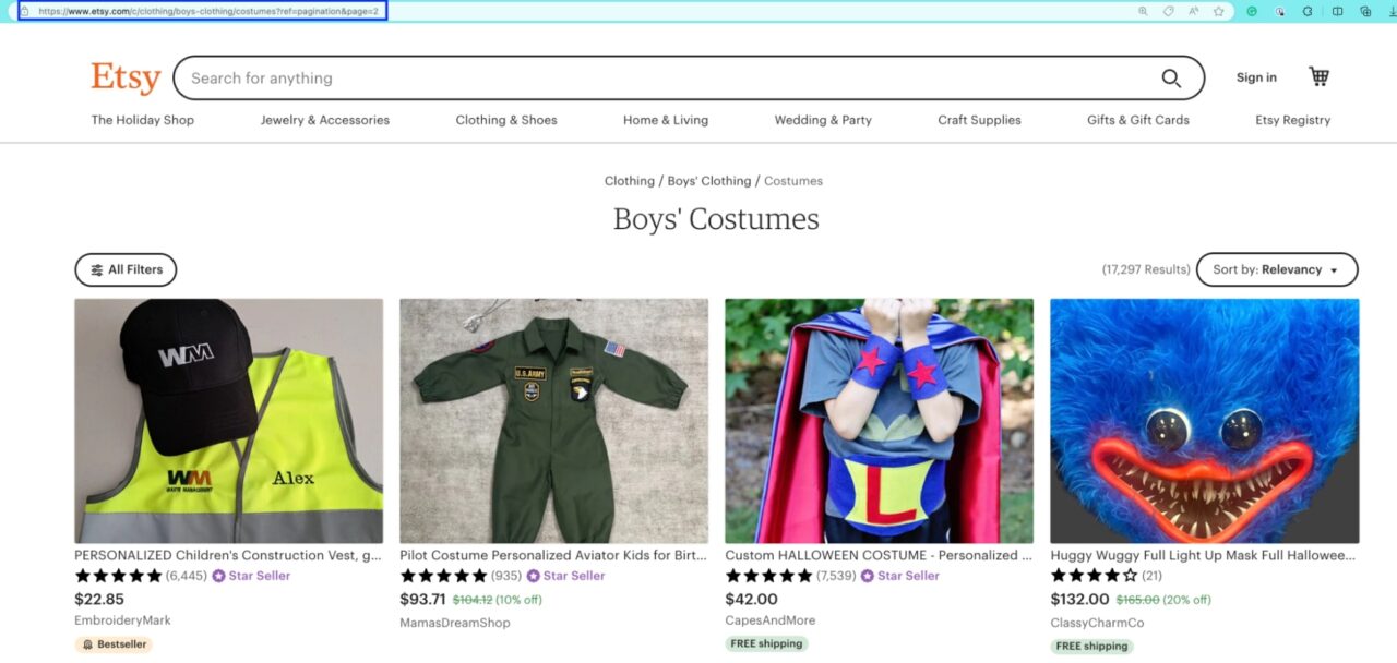 Costumes for boys section from Etsy