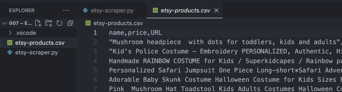 Showing Etsy product data exported a to CSV file