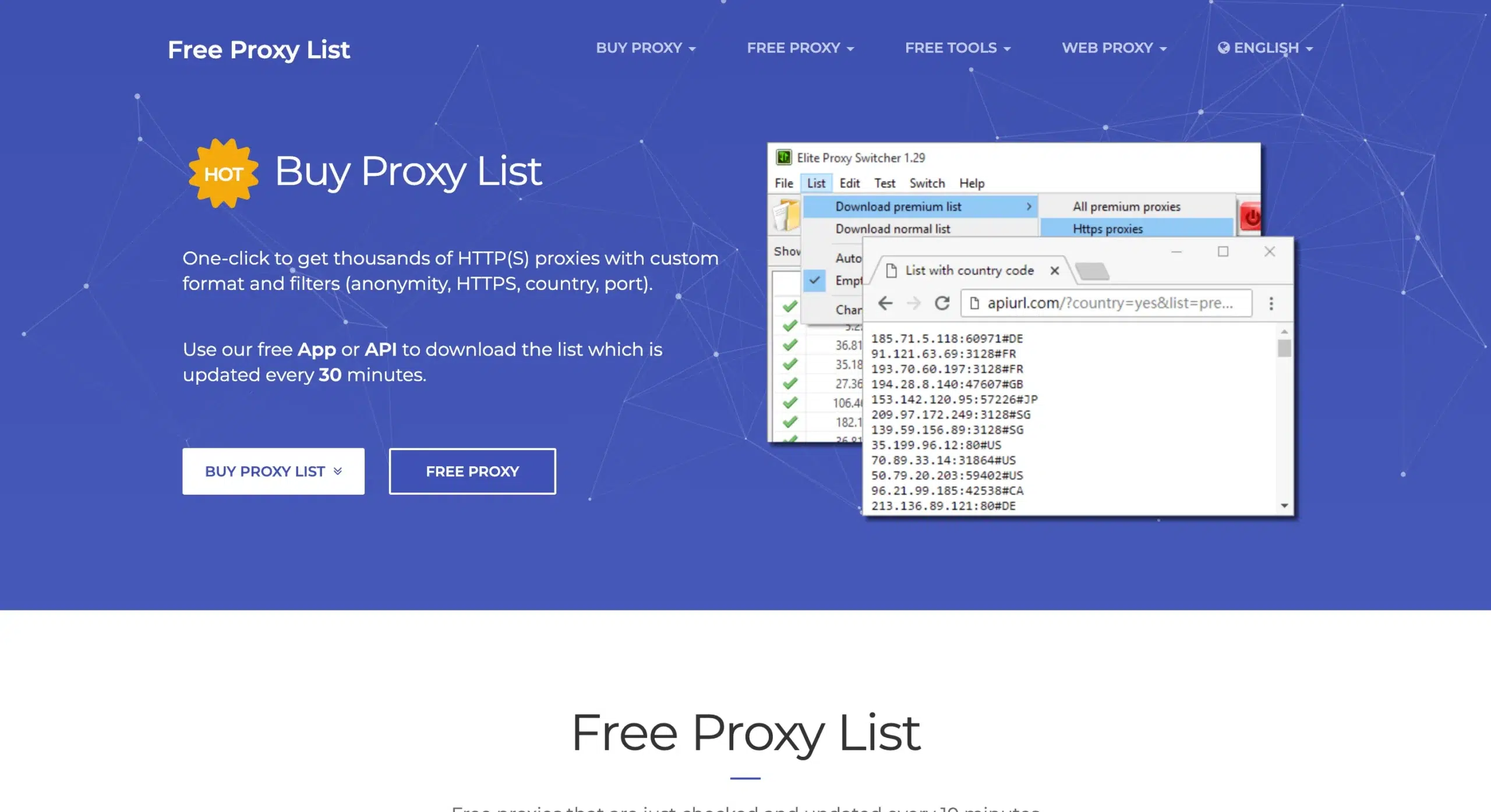 Free Proxy List homepage showing its free app and API for downloading proxy lists